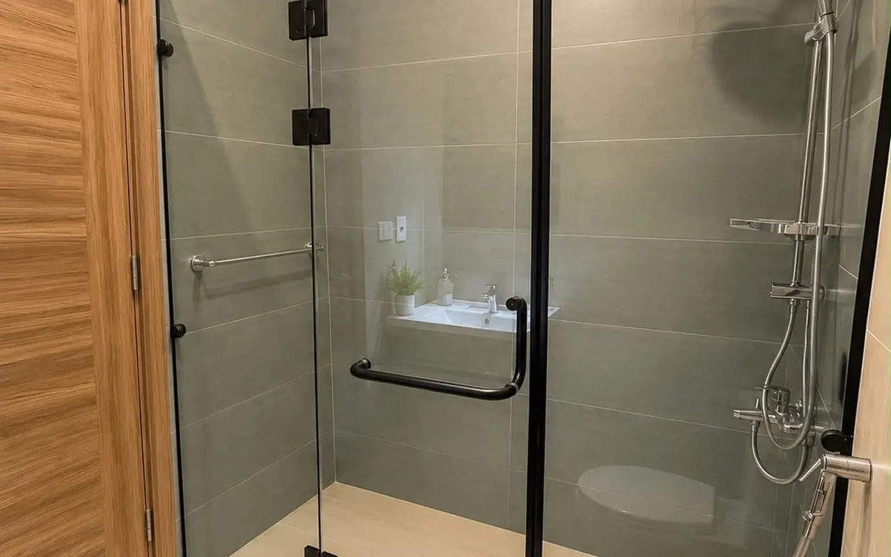 Bathroom with walk-in glass shower and sage tiling
