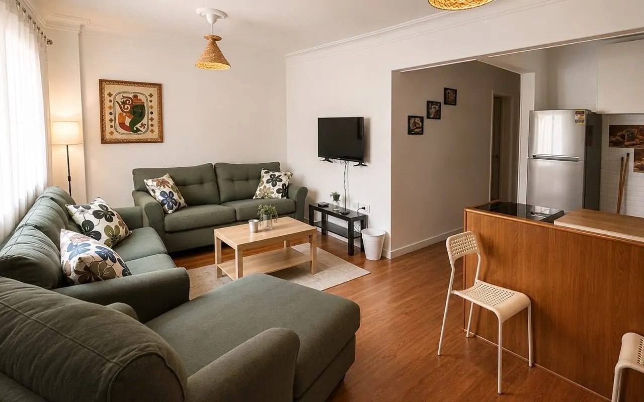 Cozy Apartment — living room with green sofas and open kitchen