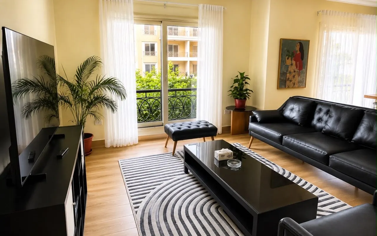 Garden View Apartment — bright living room with black leather sofas and balcony