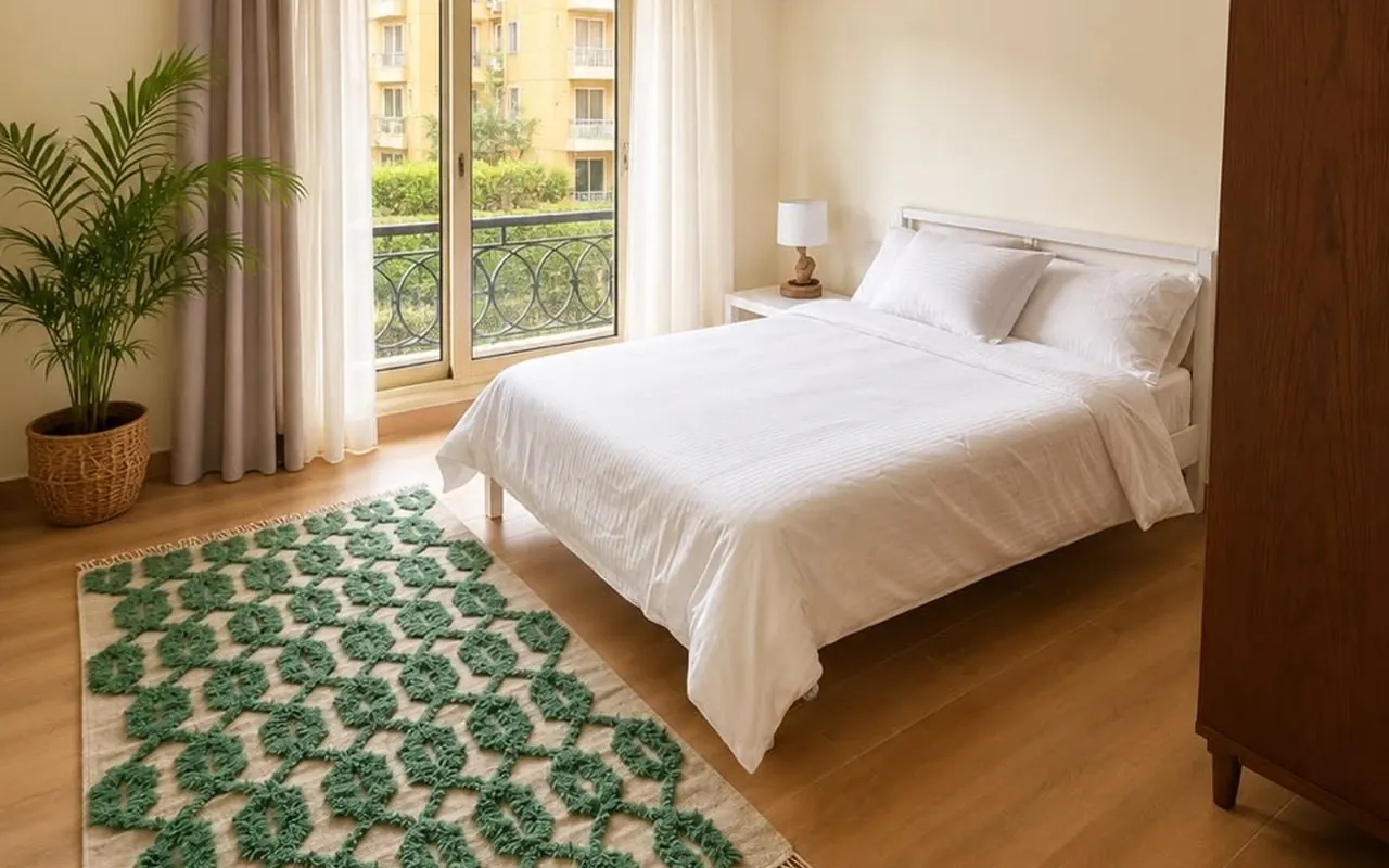 Master bedroom with white linens opening onto a garden-view balcony