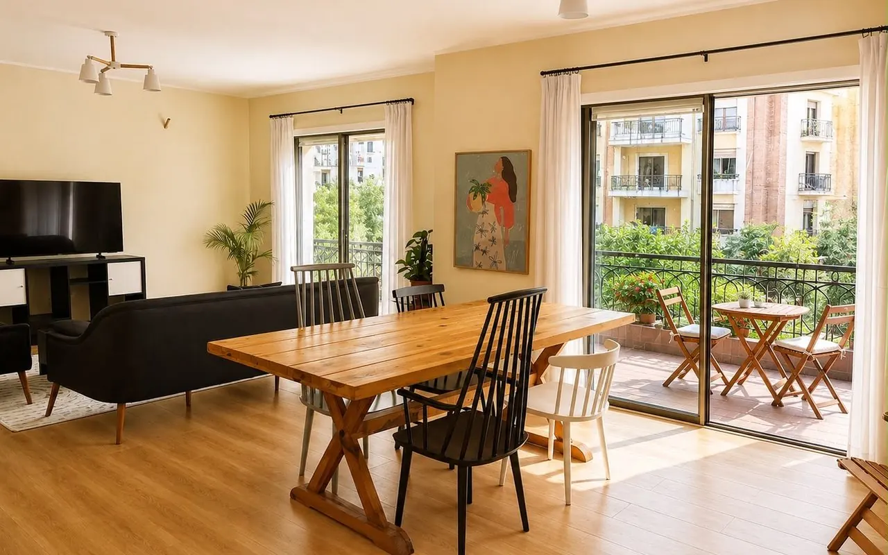 Open-plan dining area with wood table and balcony seating