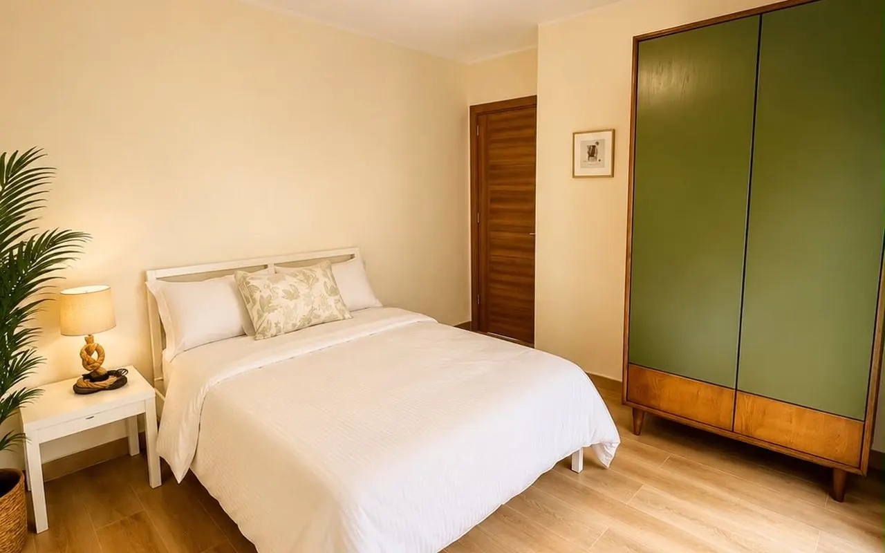 Second bedroom with sage-green wardrobe and natural light