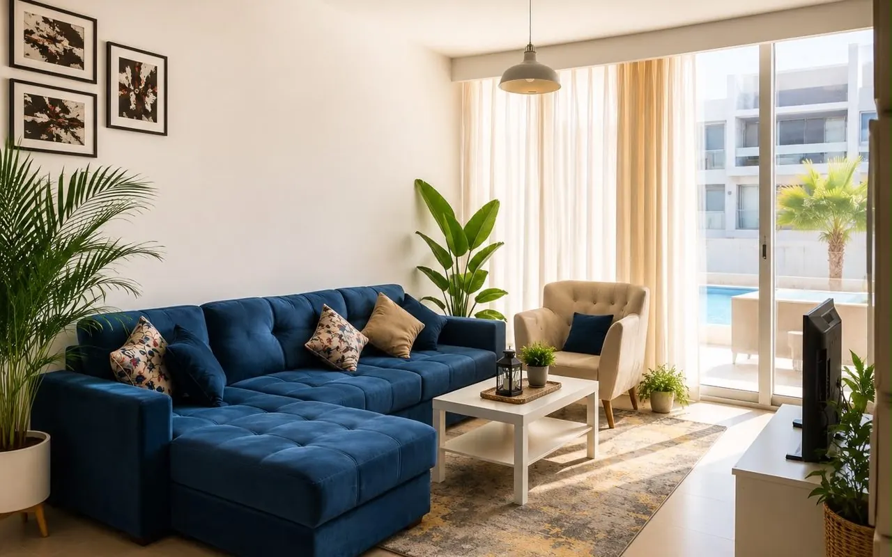 Sunny Duplex in El Gouna — bright living room with pool view