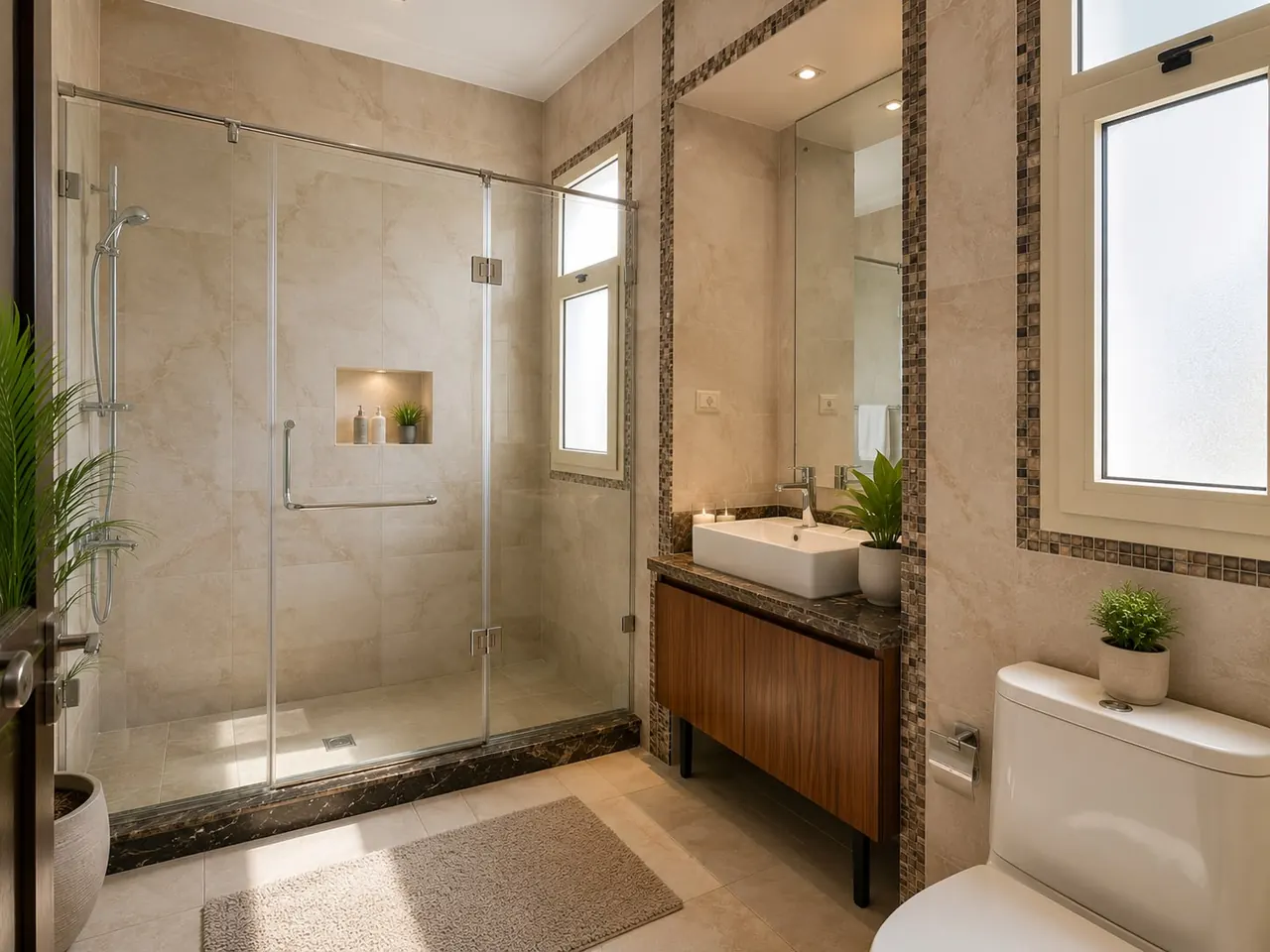 Family bathroom with a walk-in rain shower and vanity