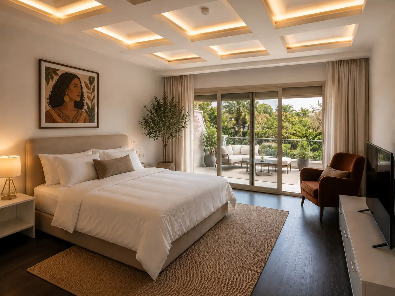 Bedroom with framed artwork above the bed and balcony doors to the garden