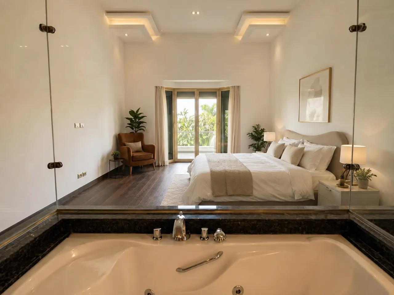 Master bedroom with a jacuzzi tub and glass partition