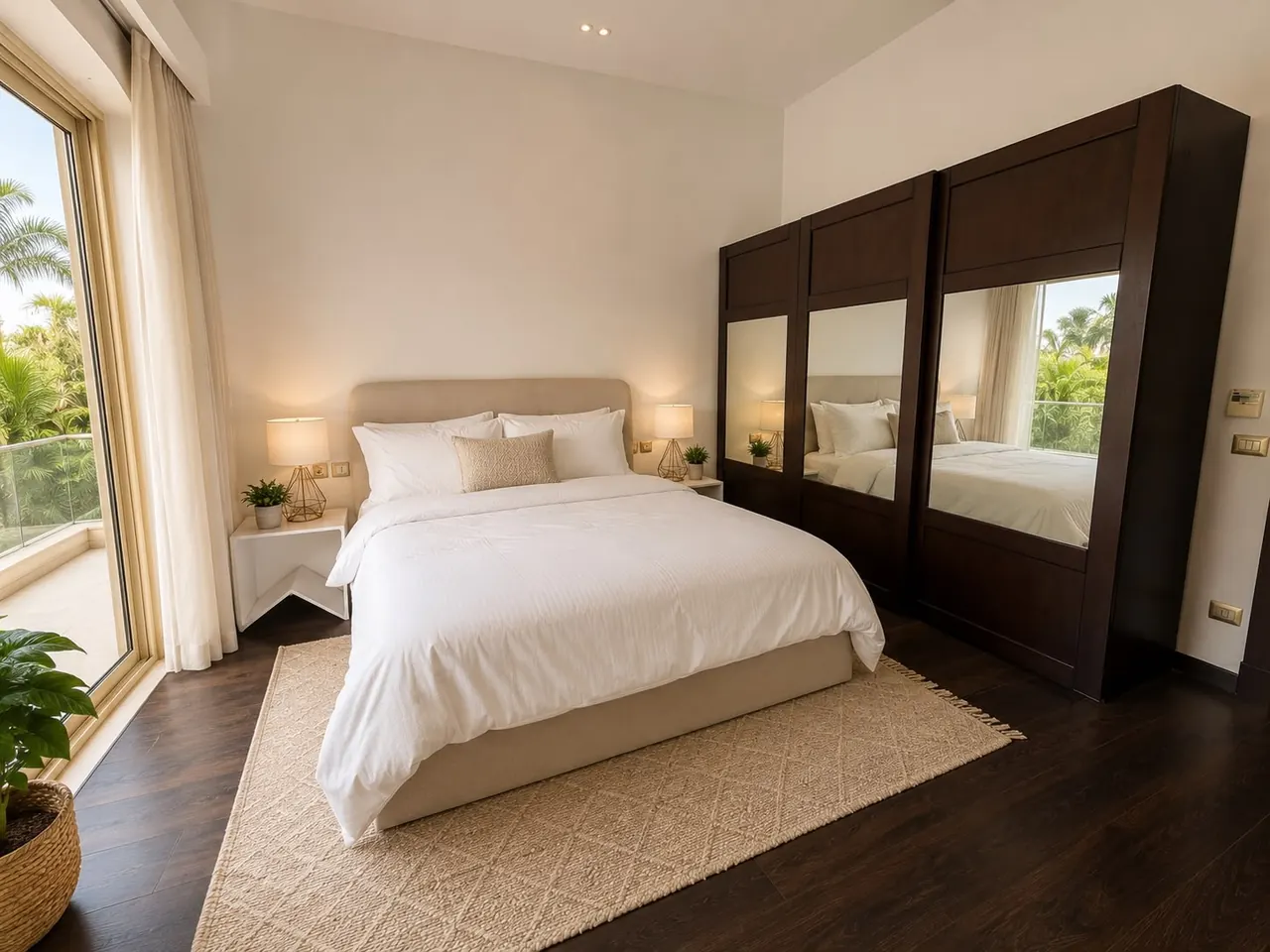 Bedroom with mirrored wardrobes and garden outlook