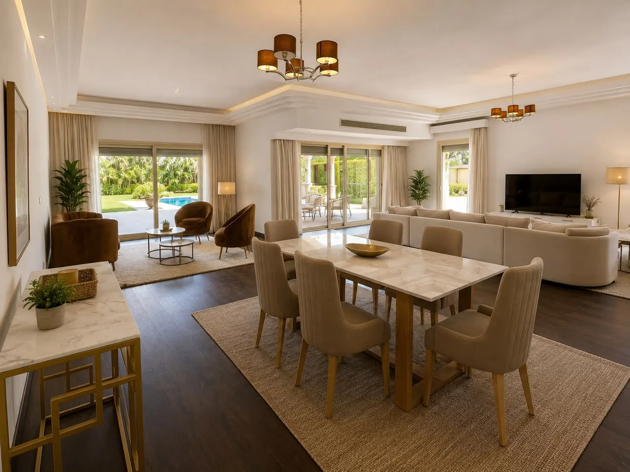 Dining area with marble table seating six, opening to the pool terrace