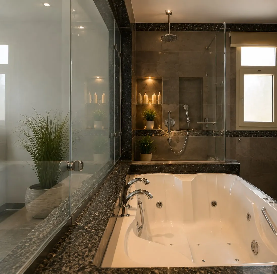 Master bathroom with a jacuzzi bath and walk-in shower