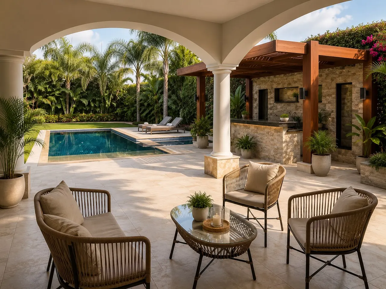 Beautiful Villa with Pool in Palm Hills — pool and shaded terrace seating